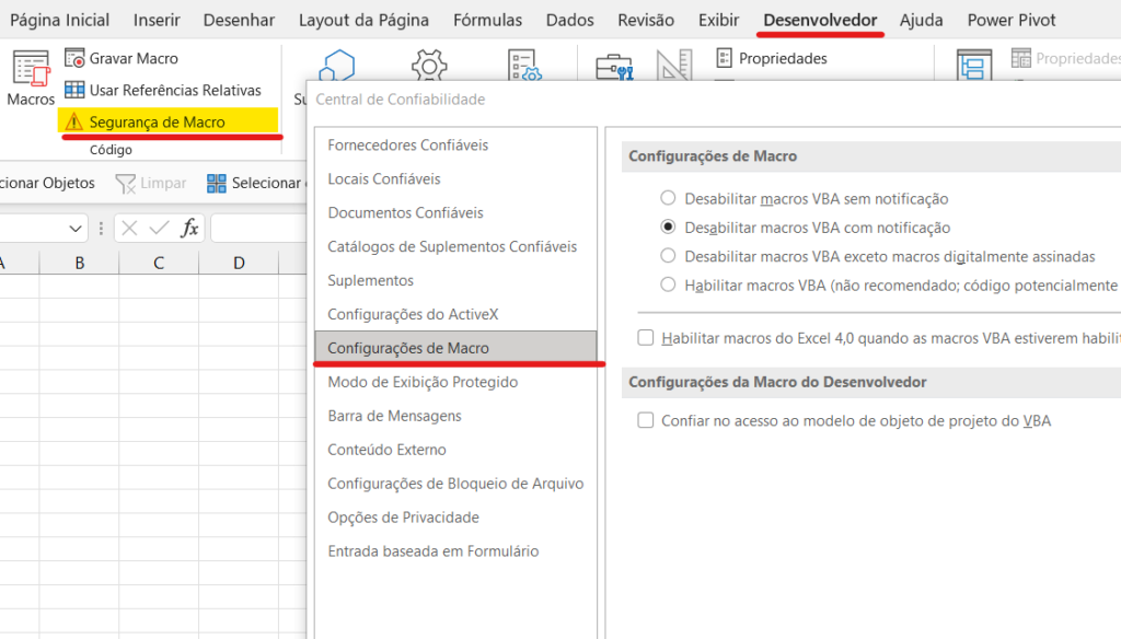 Como acessar segurança - SEGURANÇA DE MACROS NO EXCEL