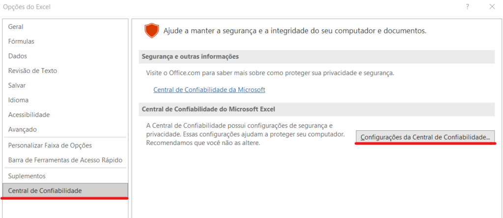 Configurações da central de confiabilidade - SEGURANÇA DE MACROS NO EXCEL