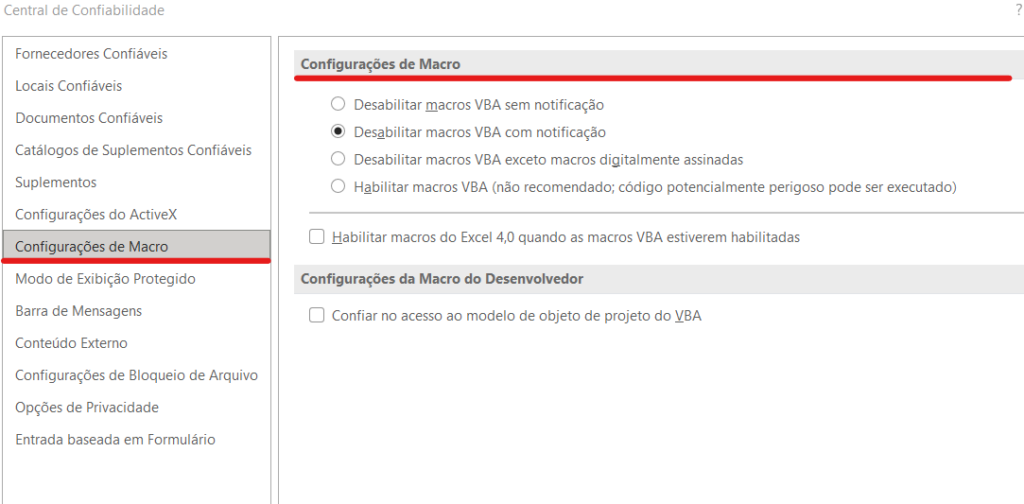 Desabilitar macros com notificação