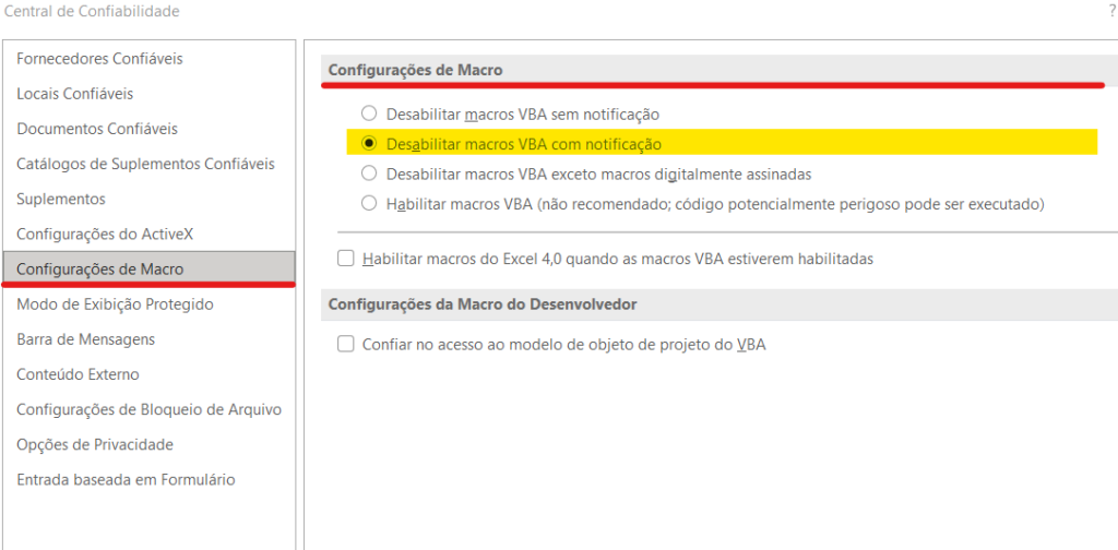 Recomendação para o uso de segurança de macros