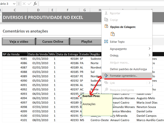 Formatar comentário - COMENTÁRIOS VS ANOTAÇÕES NO EXCEL