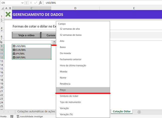 Aplicando preço - COTAÇÃO DO DÓLAR NO MICROSOFT EXCEL