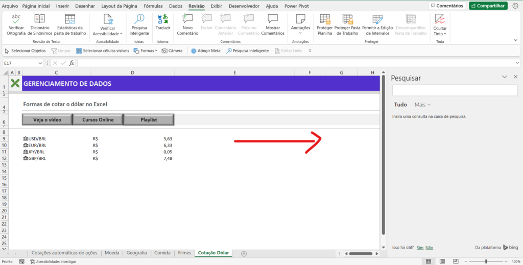 Caixa lateral pesquisa inteligente - COTAÇÃO DO DÓLAR NO MICROSOFT EXCEL