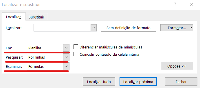 Opções de pesquisa - COMO LOCALIZAR AVANÇADO NO EXCEL