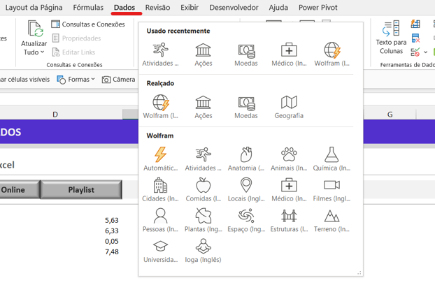 Cotação com tipos de dados no excel