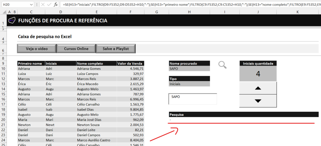 Filtros e condições - CAIXA DE PESQUISA NO EXCEL