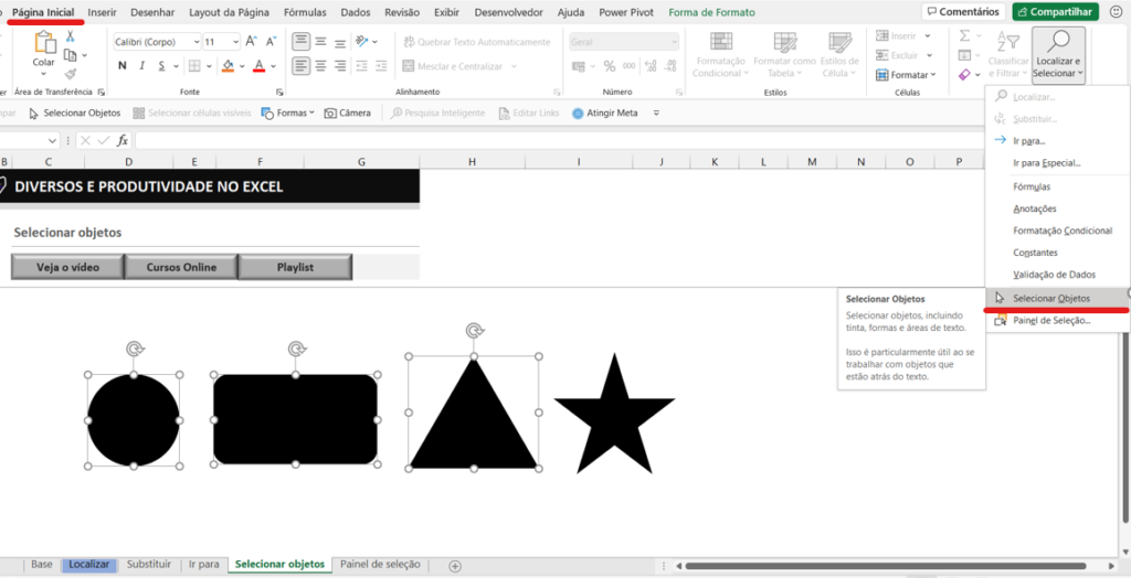 Comando selecionar objetos - COMANDO SELECIONAR OBJETOS NO EXCEL