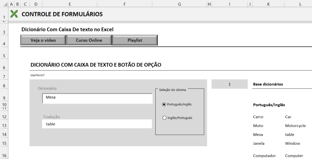 DICIONÁRIO COM CAIXA DE PESQUISA NO EXCEL