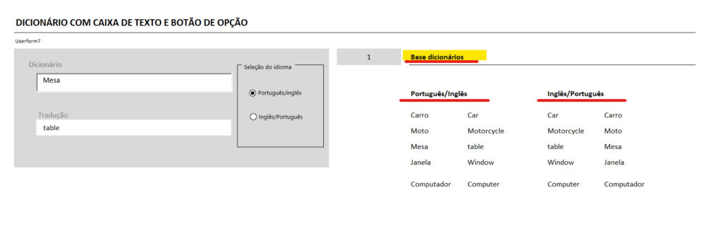 Ideia dicionário - DICIONÁRIO COM CAIXA DE PESQUISA NO EXCEL