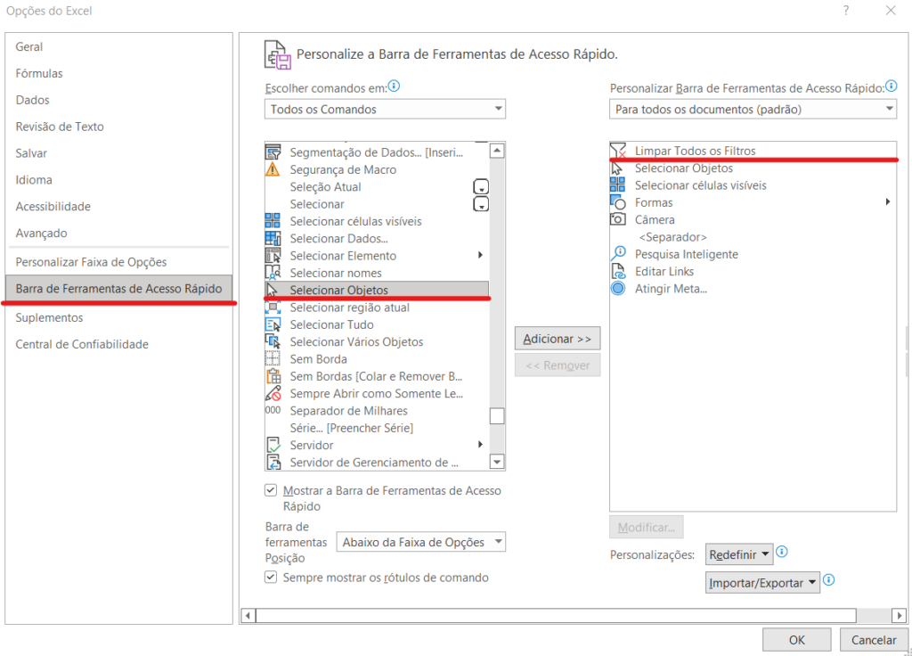 Barra de ferramentas de acesso rápido - COMANDO SELECIONAR OBJETOS NO EXCEL