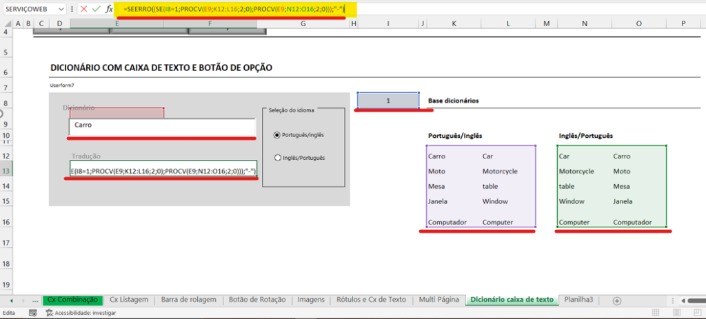 Aplicação da fórmula no Dicionário