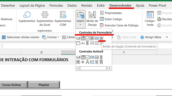 BOTÕES DE OPÇÃO NO MICROSOFT EXCEL