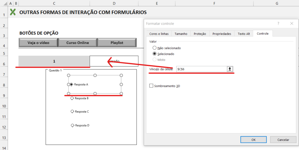 Questões de múltipla escolha - BOTÕES DE OPÇÃO NO MICROSOFT EXCEL