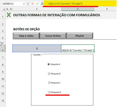 Campo de verificação da resposta - BOTÕES DE OPÇÃO NO MICROSOFT EXCEL