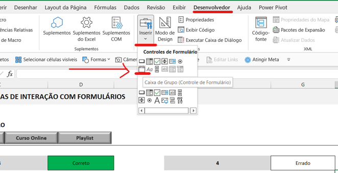 Inserir caixa de grupo - BOTÕES DE OPÇÃO NO MICROSOFT EXCEL