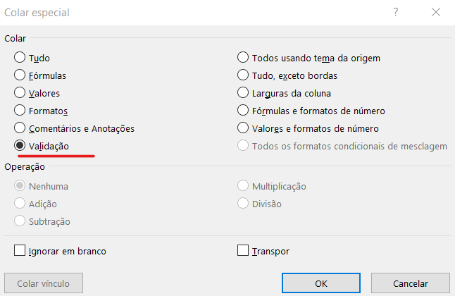 Caixa colar especial - COLAR VALIDAÇÃO DE DADOS NO EXCEL