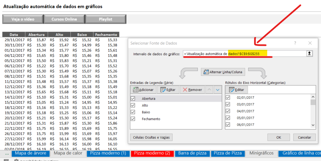 Atualizar links de dados do gráfico - ATUALIZAR A BASE DO GRÁFICO AUTOMATICAMENTE