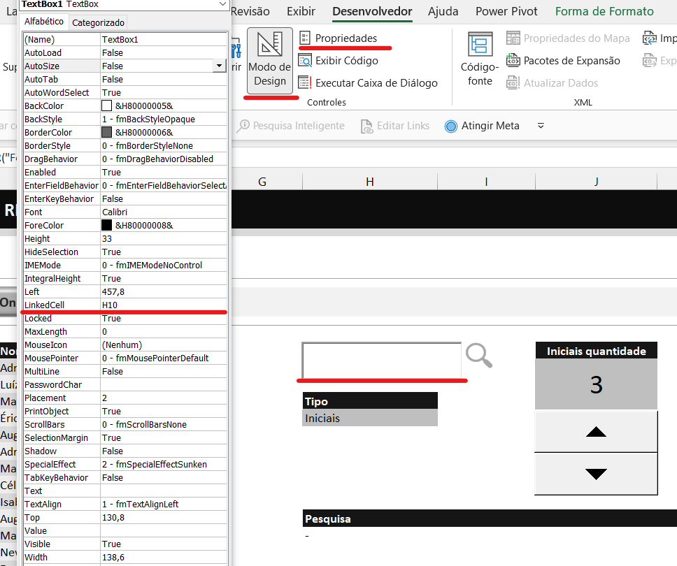 Campo propriedades - CAIXA DE PESQUISA NO EXCEL