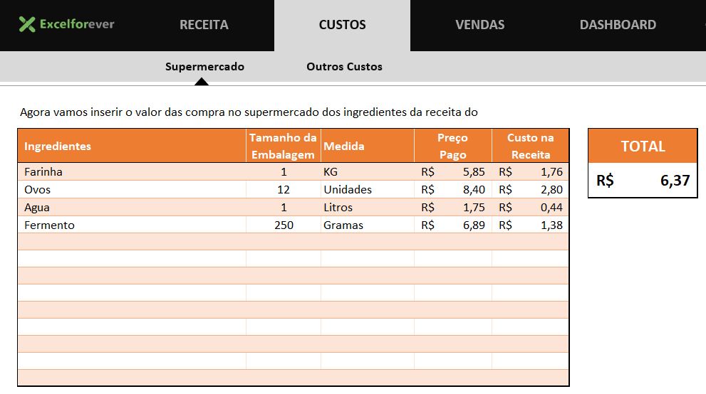 Custos da receita - PLANILHA DE PRECIFICAÇÃO CULINÁRIA E CONFEITARIA