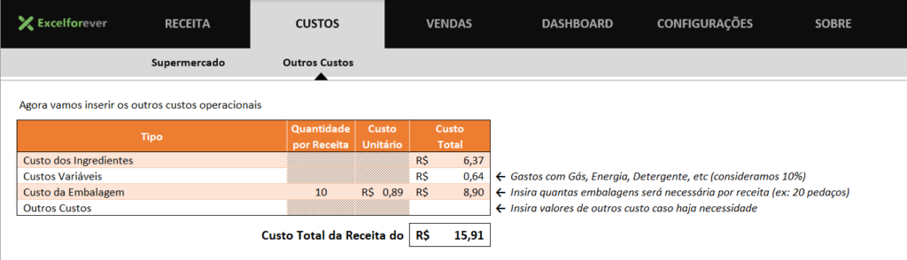 Outros custas na precificação - PLANILHA DE PRECIFICAÇÃO CULINÁRIA E CONFEITARIA