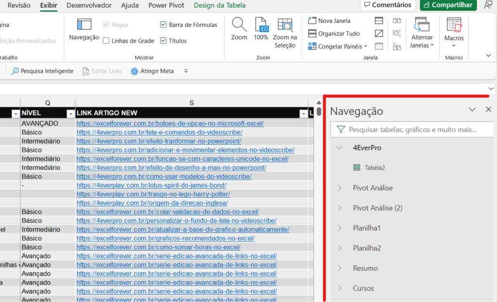 Habilitar o comando navegação - MAPA DA PASTA COM A NAVEGAÇÃO DO EXCEL