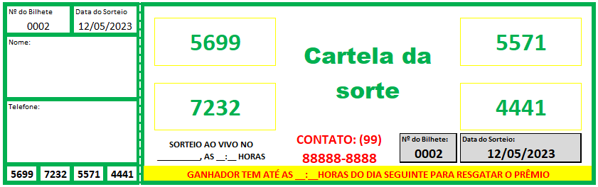 Conceito geral da planilha - PLANILHA CARTELA DE BINGO (MILHARES)