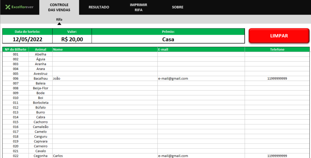 Guia controla de vendas - PLANILHA RIFA COM NOME DE ANIMAIS