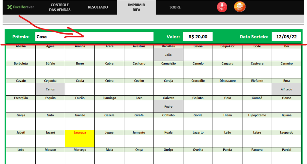 Títulos da rifa - PLANILHA RIFA COM NOME DE ANIMAIS