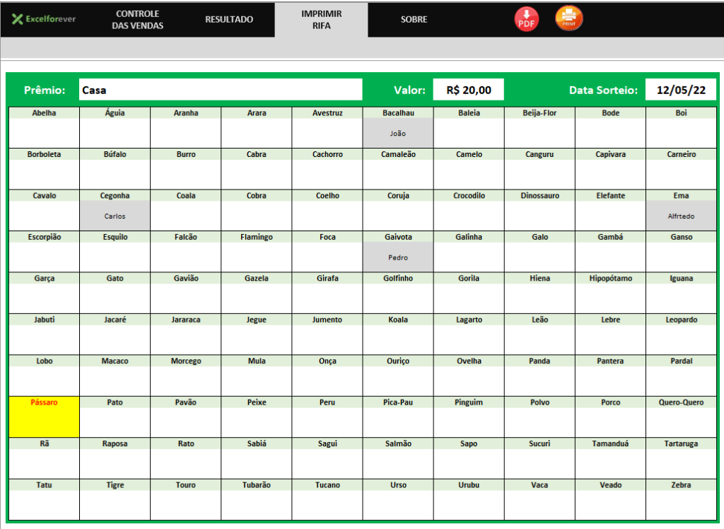 Imprimir rifa de animais - PLANILHA RIFA COM NOME DE ANIMAIS