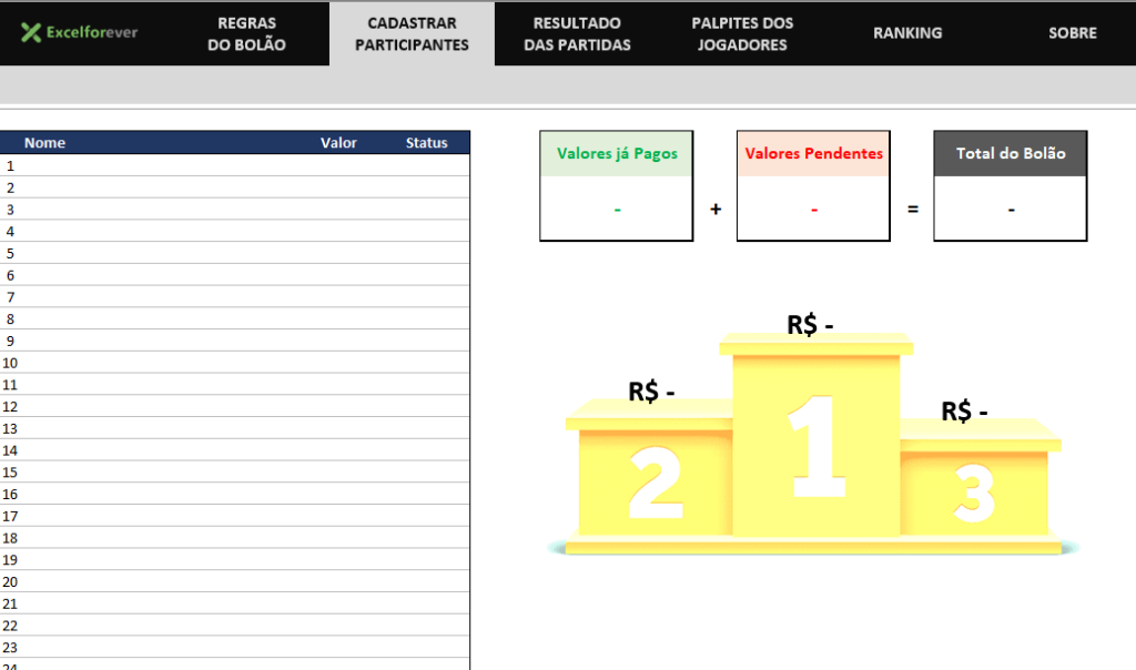 Cadastro de participantes - PLANILHA BOLÃO BRASILEIRÃO 2022