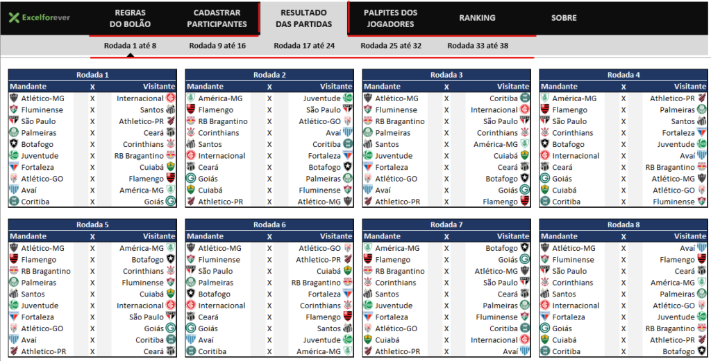 Resultado das partidas - PLANILHA BOLÃO BRASILEIRÃO 2022