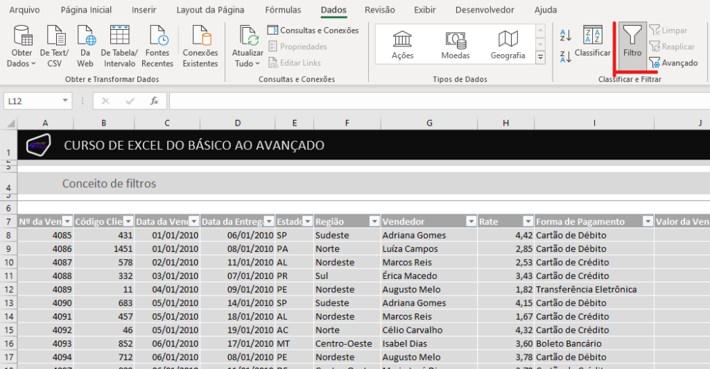 Aplicar filtros de dados - COMO USAR FILTROS NO EXCEL