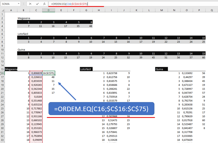 Função ordem.eq - NÚMEROS ALEATÓRIOS SEM REPETIÇÃO NO EXCEL