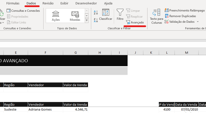 Localizar o comando - FILTRO AVANÇADO NO MICROSOFT EXCEL