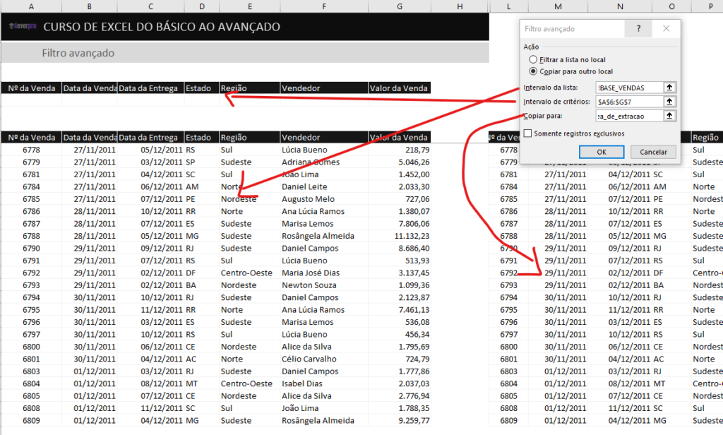 Aplicar filtro avançado em outro local