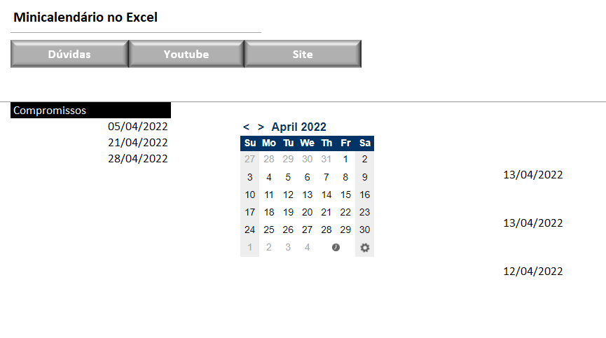 MINI CALENDÁRIO NO MICROSOFT EXCEL