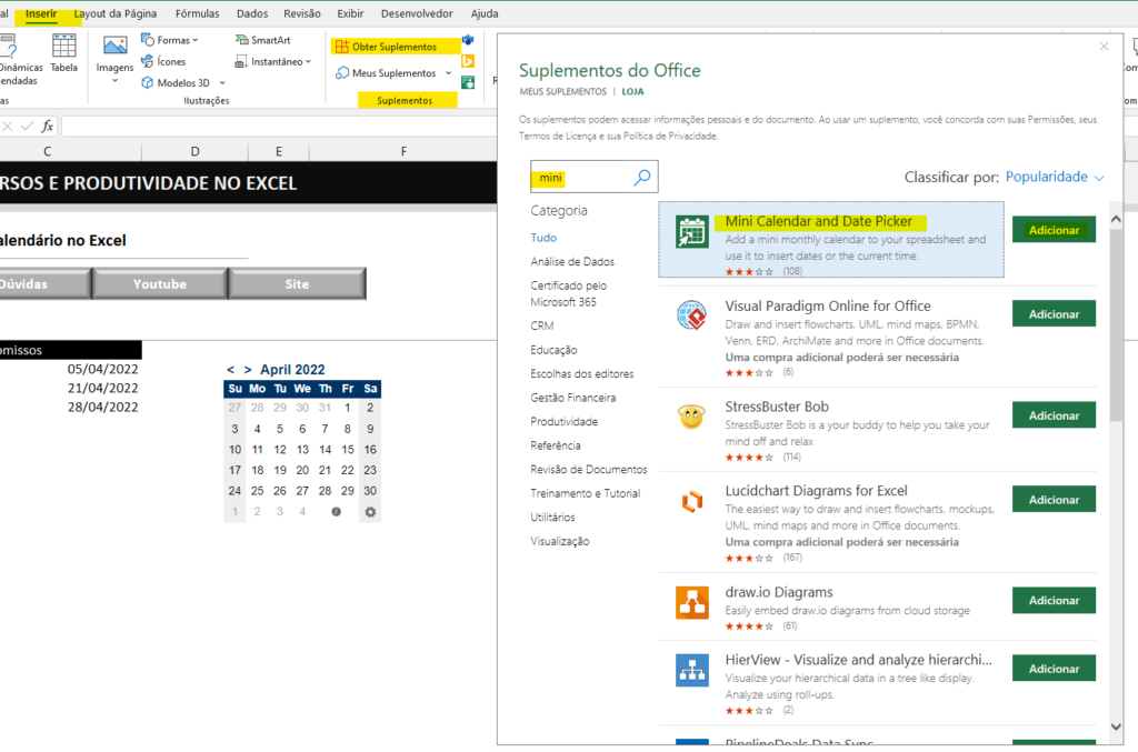 Instalar o mini calendário - MINI CALENDÁRIO NO MICROSOFT EXCEL
