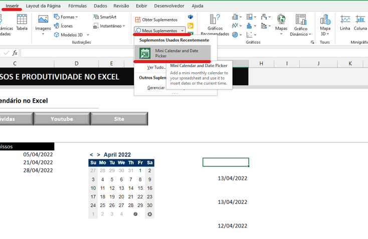 Comando meus suplementos - MINI CALENDÁRIO NO MICROSOFT EXCEL