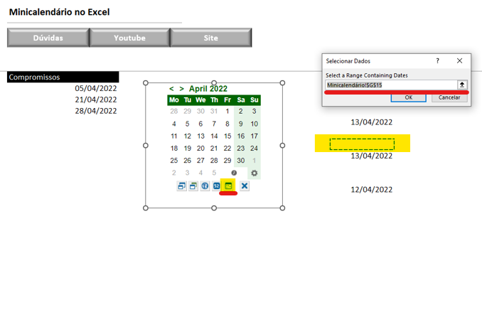 Range de datas - MINI CALENDÁRIO NO MICROSOFT EXCEL