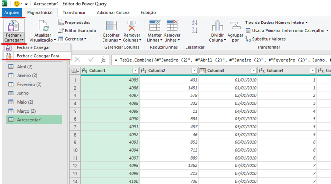 Fechar e carregar dados no Power Query