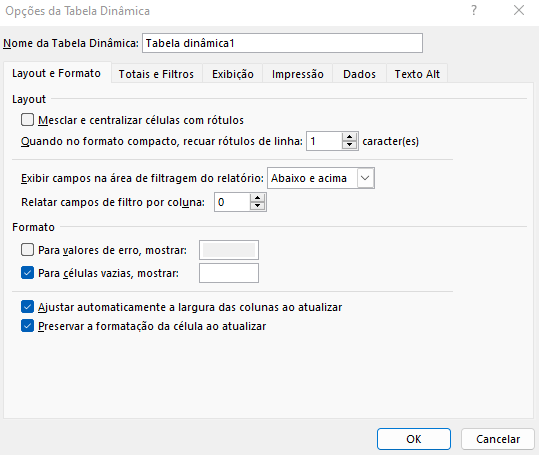 Opções de tabelas dinâmicas - CONFIGURAÇÕES DE TABELAS DINÂMICAS NO EXCEL