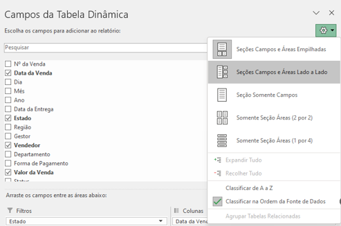 Seções - CONFIGURAR LISTA DE CAMPOS DA TABELA DINÂMICA