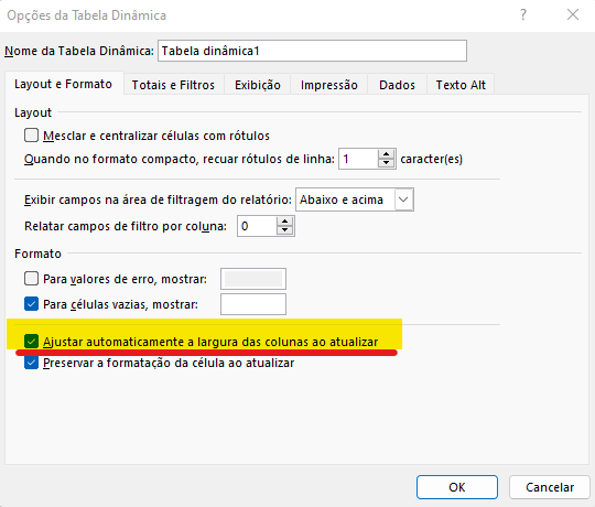 Ajustar colunas automaticamente - CONFIGURAÇÕES DE TABELAS DINÂMICAS NO EXCEL