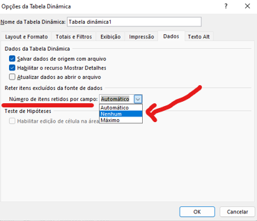 Números de itens retidos - CONFIGURAÇÕES DE TABELAS DINÂMICAS NO EXCEL