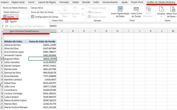 Opções pivot table