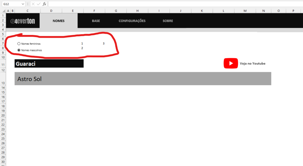BOTÃO DE OPÇÃO NA PLANILHA DE NOMES