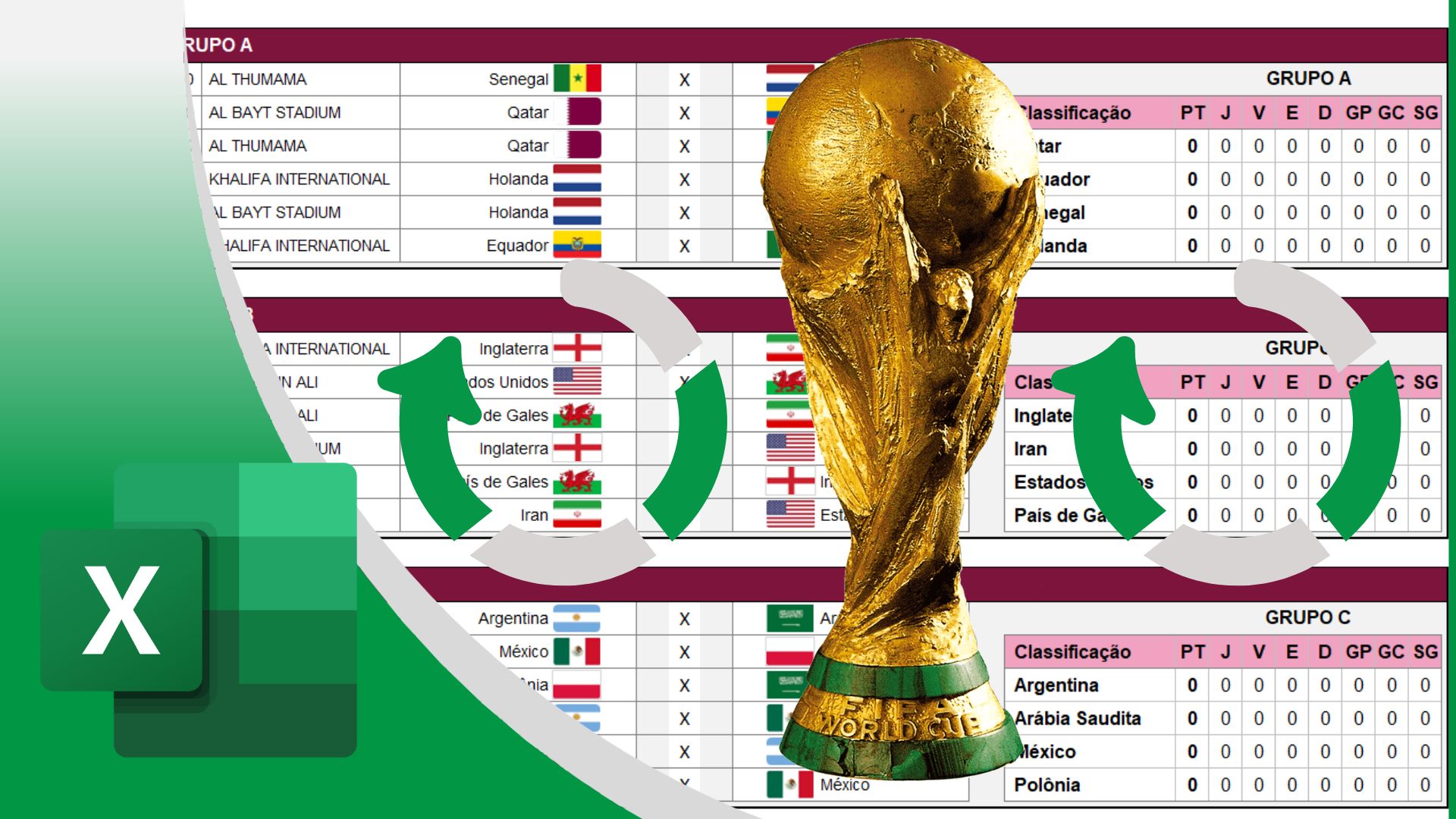 Tabela em excel da Copa do Mundo 2022 [automática] em Excel