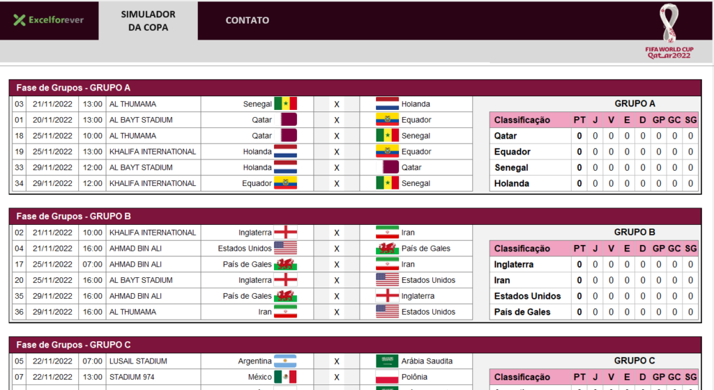 Tabela em excel da Copa do Mundo 2022 [automática] em Excel, copa do mundo  2022 jogos mata mata 