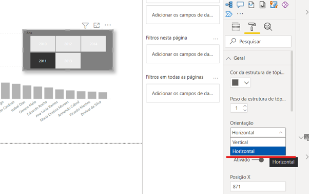 Opção horizontal - LISTA SUSPENSA NO POWER BI