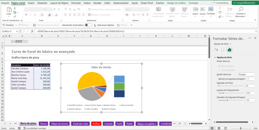 Configuração do gráfico barra de pizza no excel